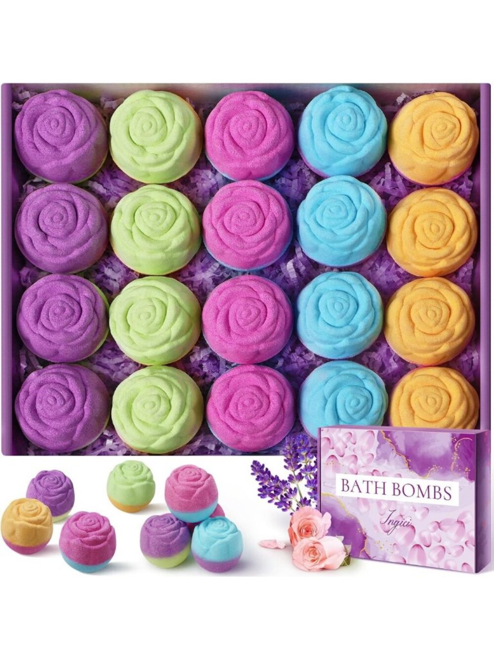 20 Pcs Handmade Rose Bath Bombs - Natural Essential Oils, Spa Fizzies, Self-Care